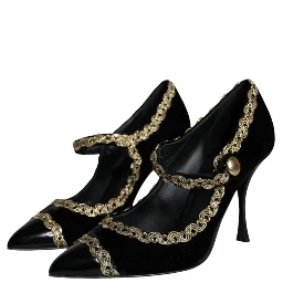 Black Mary Janes Velvet Gold Pumps Shoes