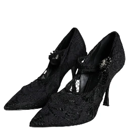 Black Mary Jane Pumps Lace Crystals Heels Shoes