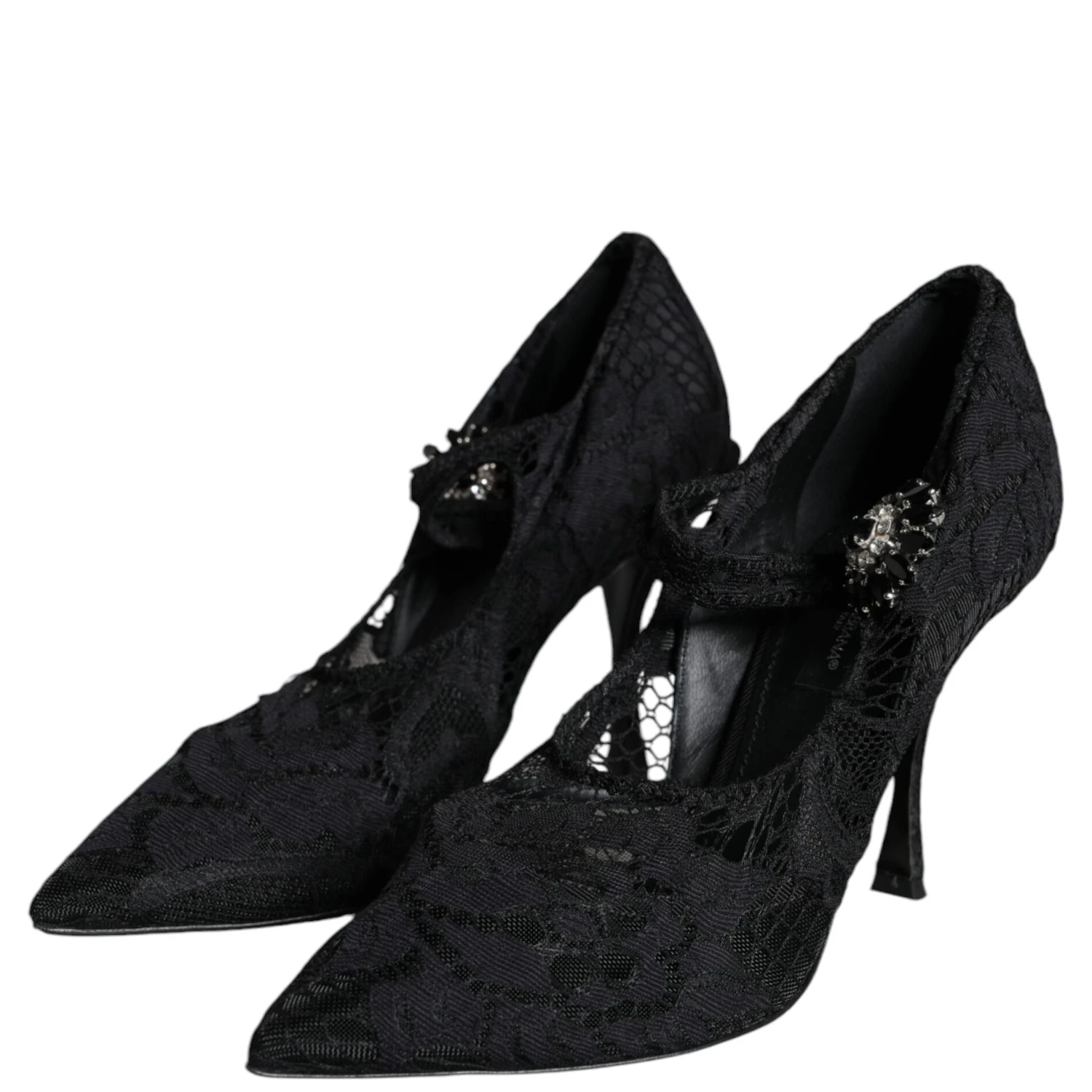 Black Mary Jane Pumps Lace Crystals Heels Shoes