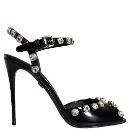 Black Leather Crystal Ankle Strap Sandals Shoes
