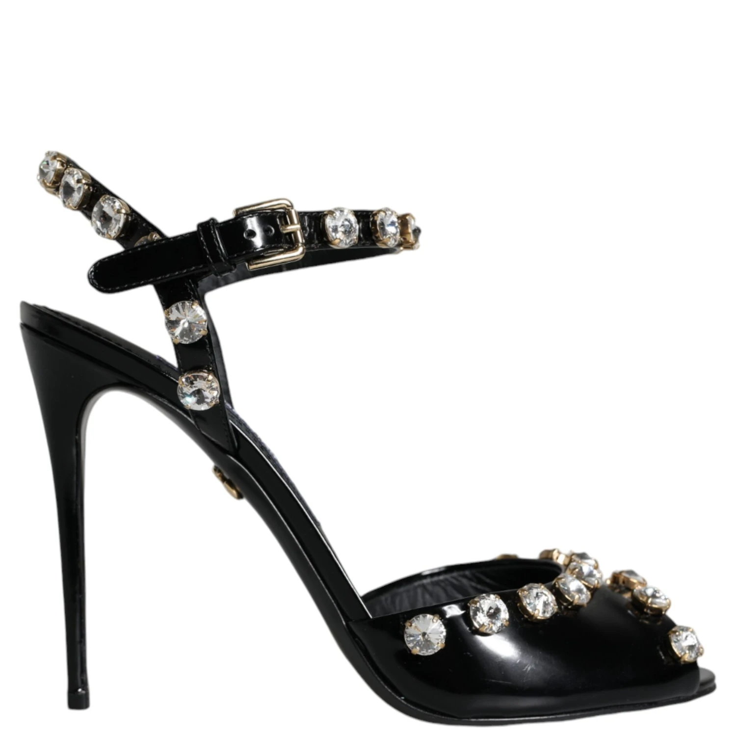 Black Leather Crystal Ankle Strap Sandals Shoes