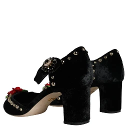 Black Velvet Roses Ankle Strap Pumps Shoes