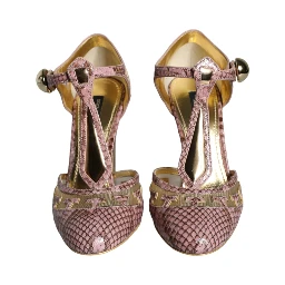 Pink Gold Leather Pumps T-strap Sandals Shoes