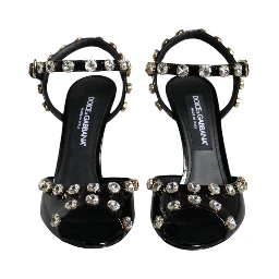 Black Leather Crystal Ankle Strap Sandals Shoes
