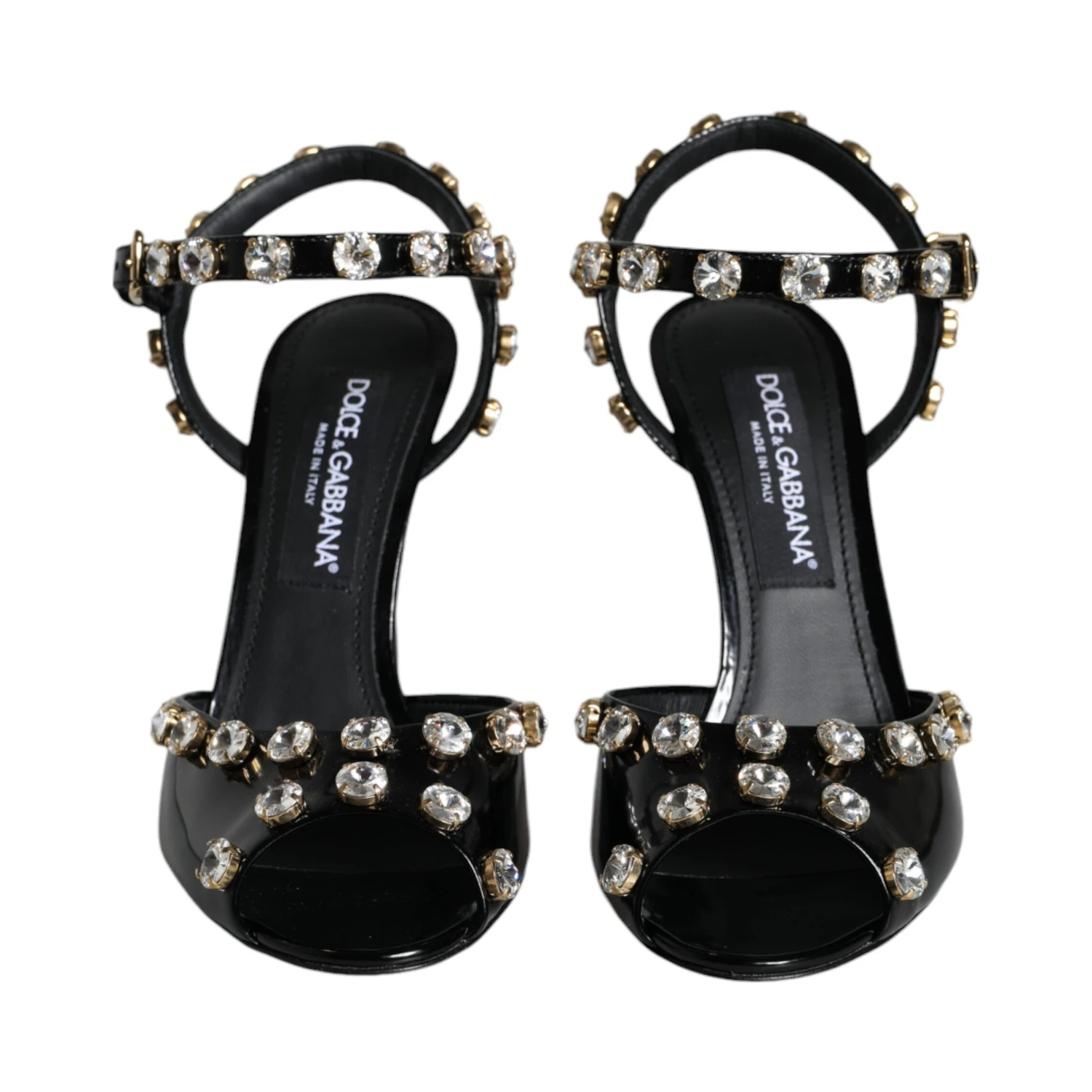 Black Leather Crystal Ankle Strap Sandals Shoes