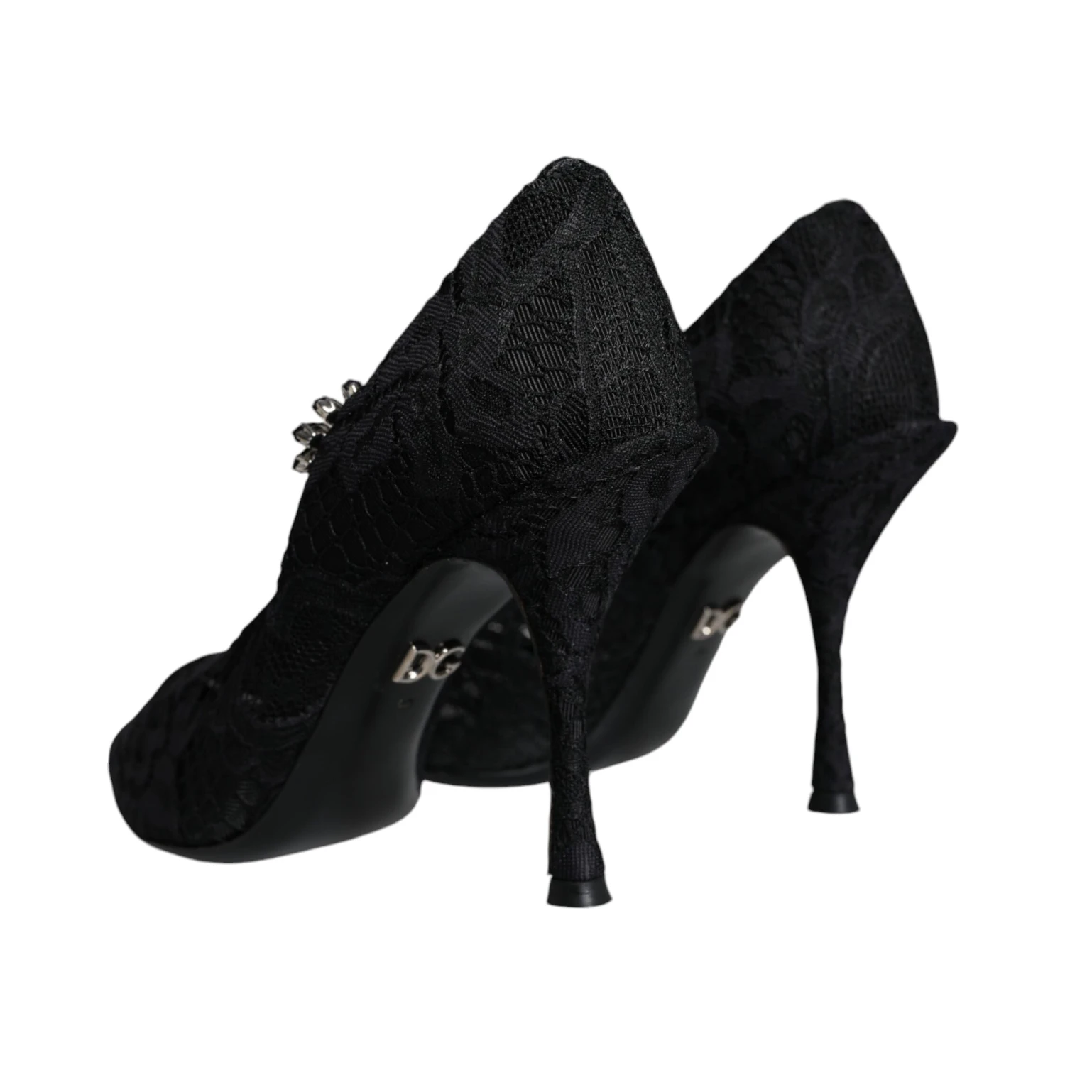 Black Mary Jane Pumps Lace Crystals Heels Shoes