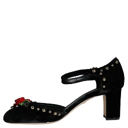 Black Velvet Roses Ankle Strap Pumps Shoes