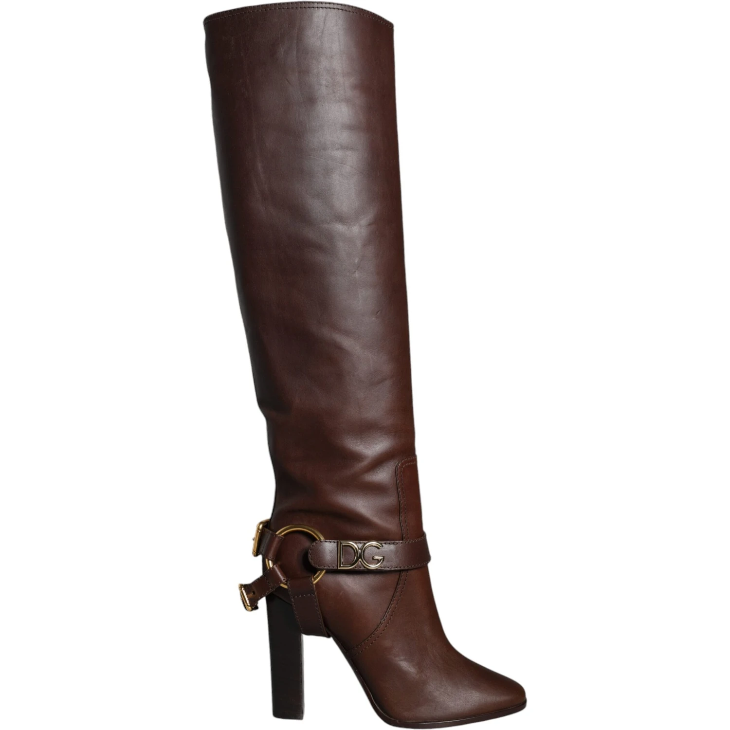 Brown Leather Gold Tone Logo High Boots Shoes