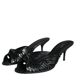 Black Leather Heels Slides Sandals Shoes