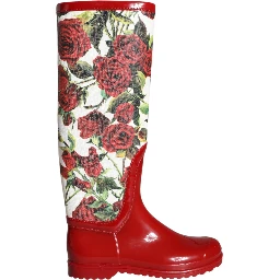 Red Floral Rubber Knee High Flat Boots Shoes