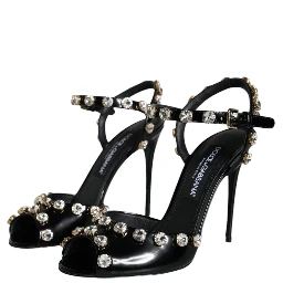 Black Leather Crystal Ankle Strap Sandals Shoes