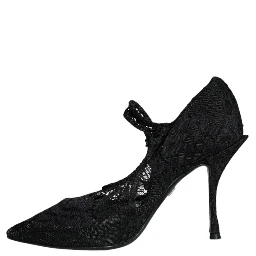 Black Mary Jane Pumps Lace Crystals Heels Shoes