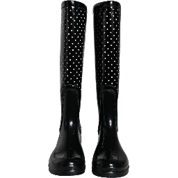 Black Polka Dot Rubber Knee High Boots Shoes