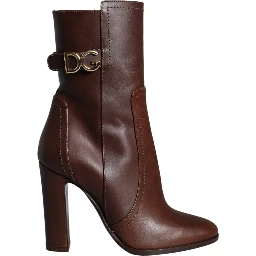 Brown Leather Heels Mid Calf Boots Shoes
