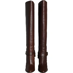 Brown Leather Gold Tone Logo High Boots Shoes