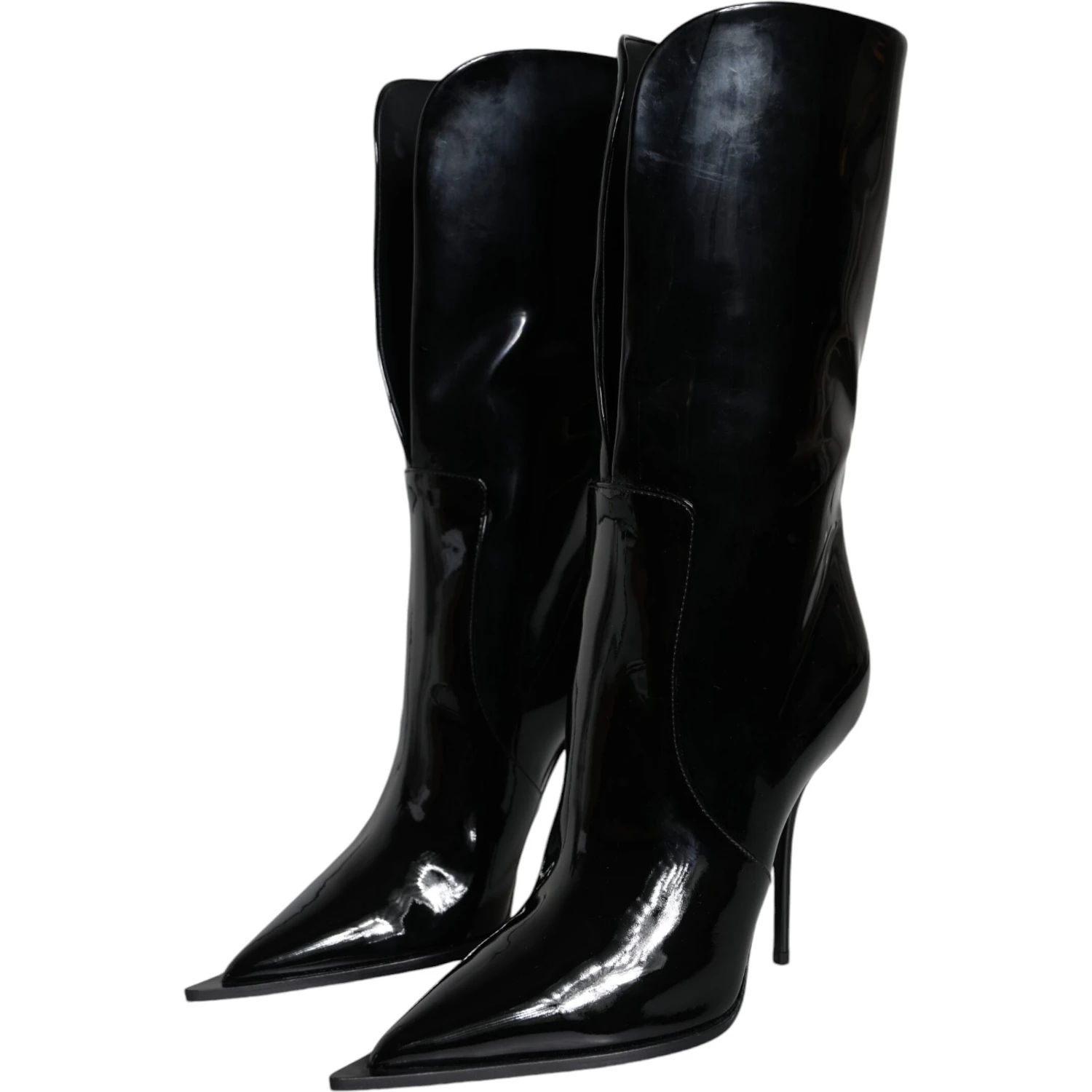 Black Patent Leather Mid Calf Boots Shoes