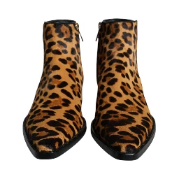 Brown Leopard Calf Fur Ankle Boots Shoes