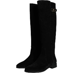 Black Suede Leather Knee High Boots Shoes