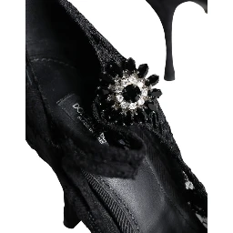 Black Mary Jane Pumps Lace Crystals Heels Shoes