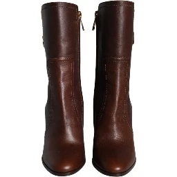 Brown Leather Heels Mid Calf Boots Shoes