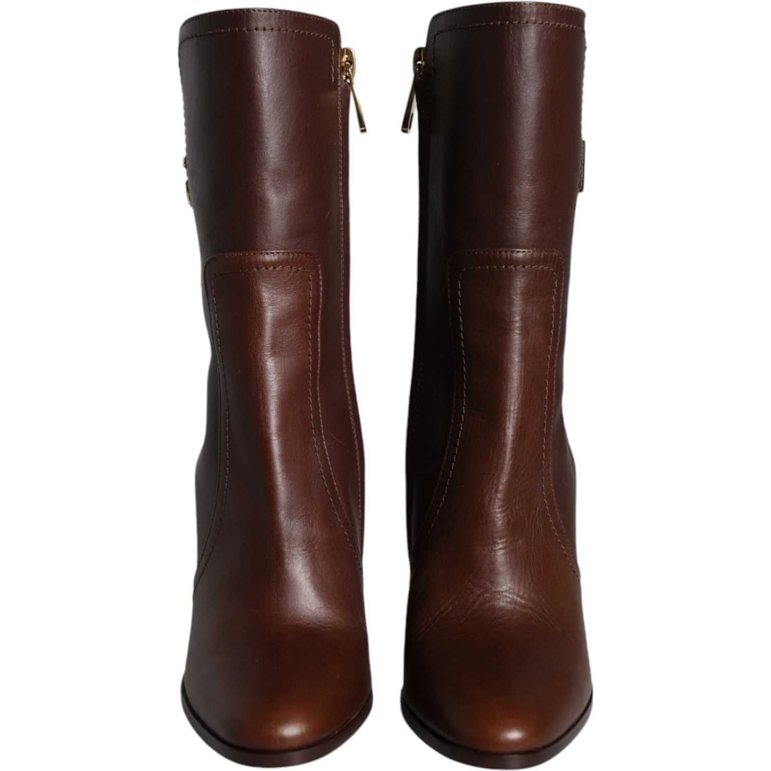 Brown Leather Heels Mid Calf Boots Shoes