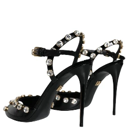 Black Leather Crystal Ankle Strap Sandals Shoes