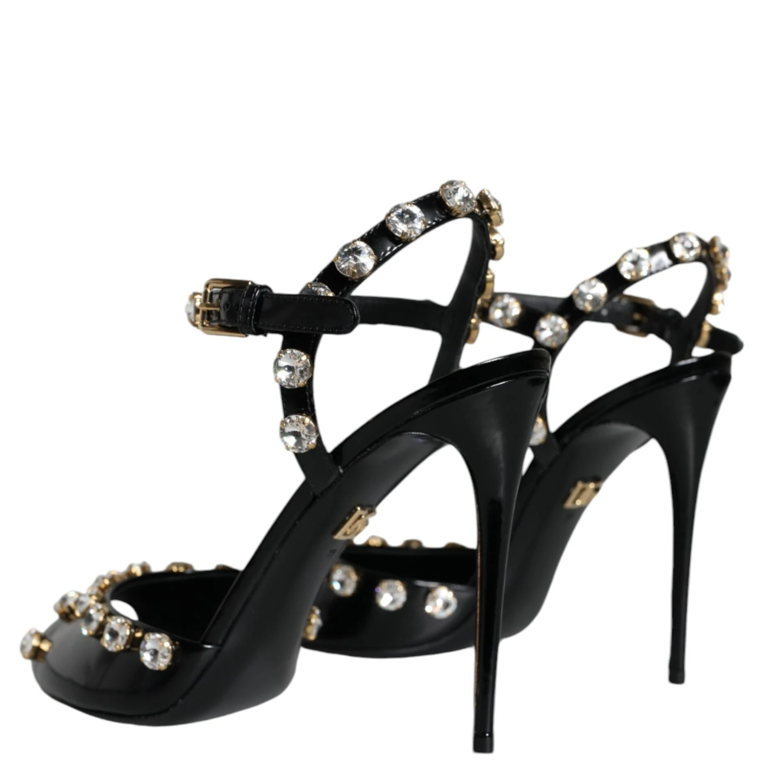 Black Leather Crystal Ankle Strap Sandals Shoes
