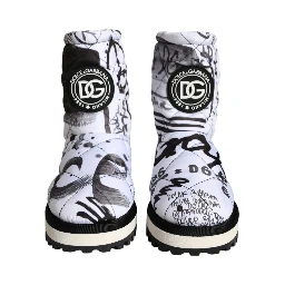 White Padded Logo Print Mid Calf Boots Shoes
