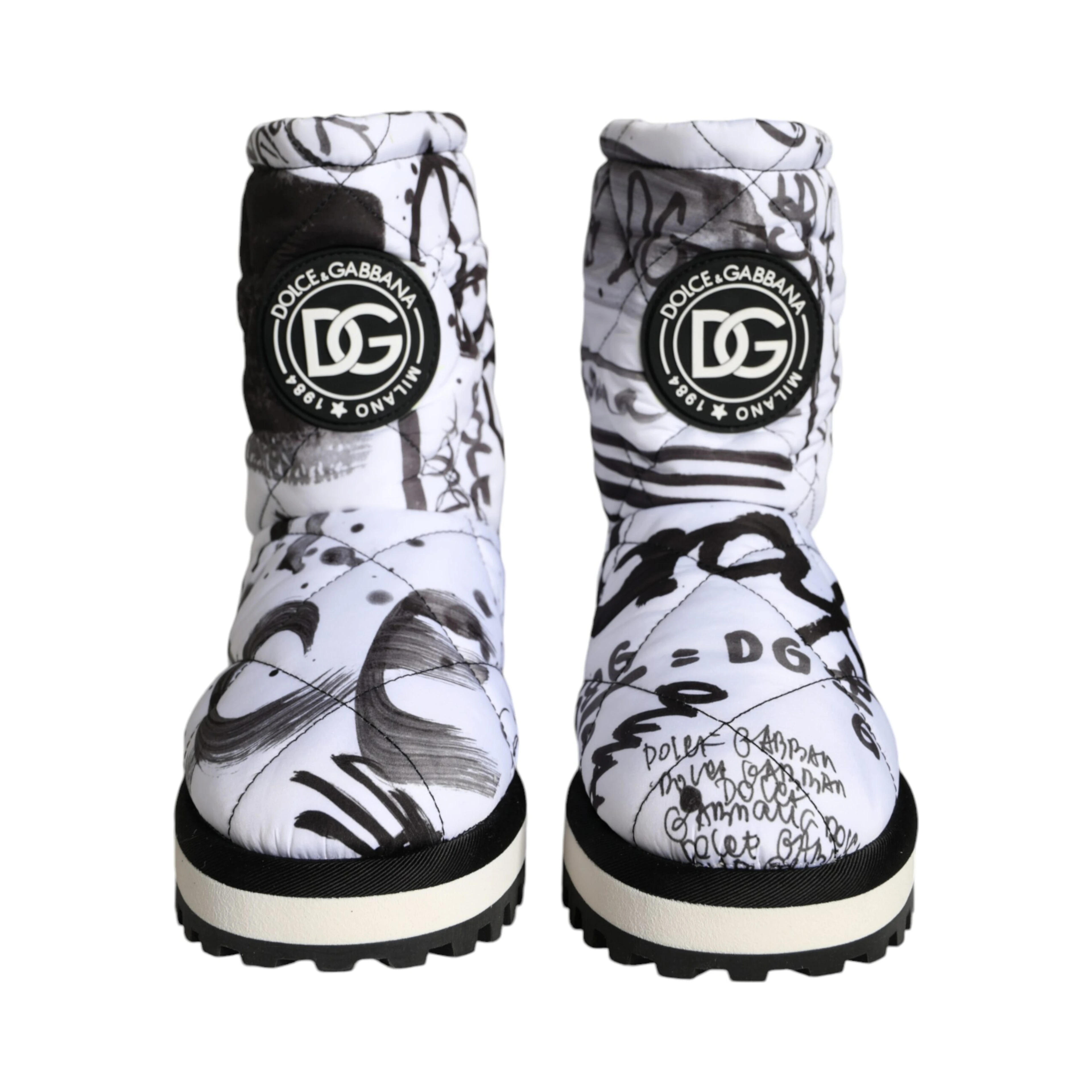 White Padded Logo Print Mid Calf Boots Shoes