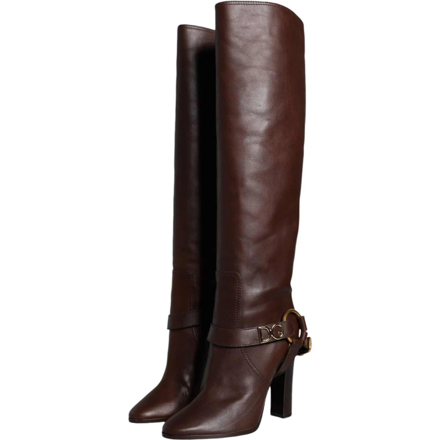 Brown Leather Gold Tone Logo High Boots Shoes