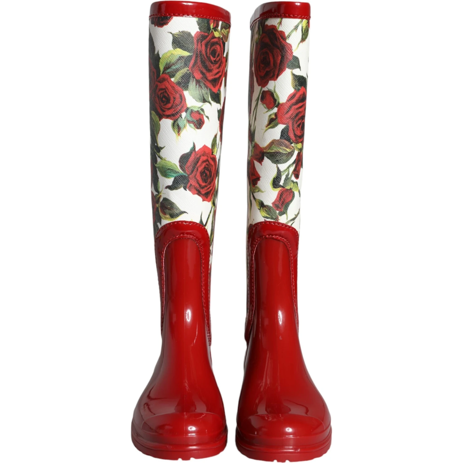 Red Floral Rubber Knee High Flat Boots Shoes