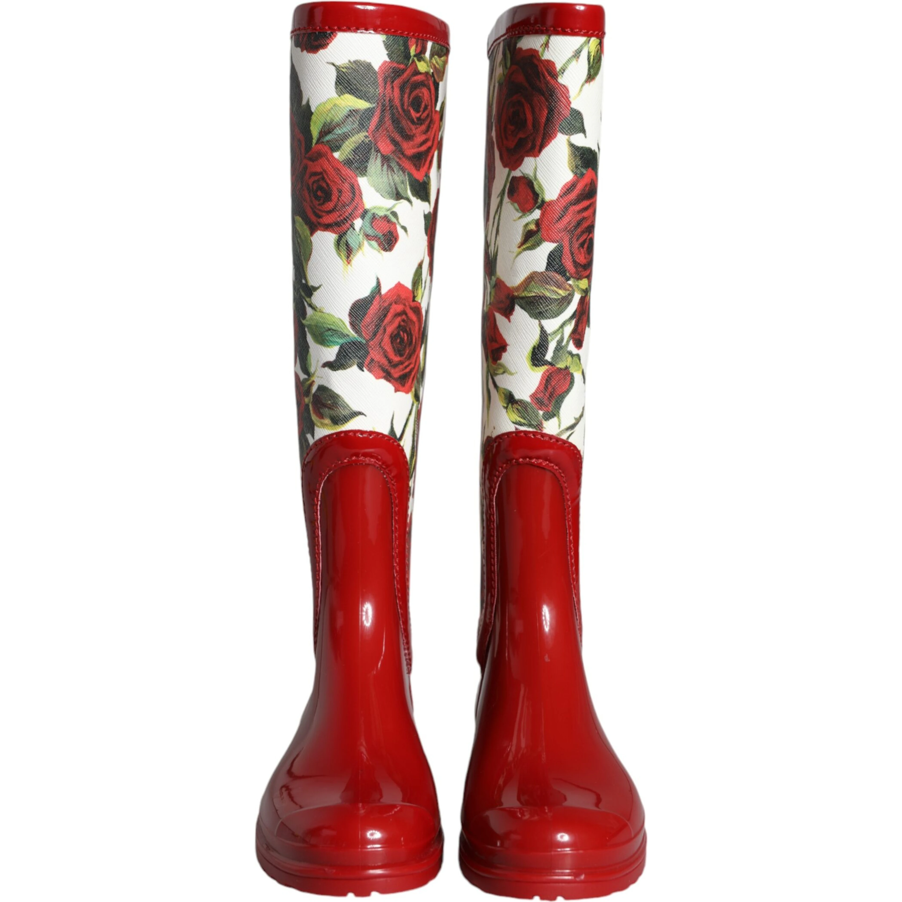 Red Floral Rubber Knee High Flat Boots Shoes