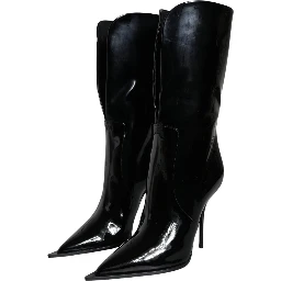 Black Patent Leather Mid Calf Boots Shoes