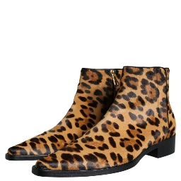 Brown Leopard Calf Fur Ankle Boots Shoes