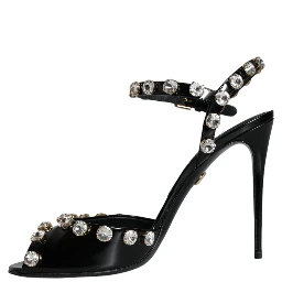 Black Leather Crystal Ankle Strap Sandals Shoes