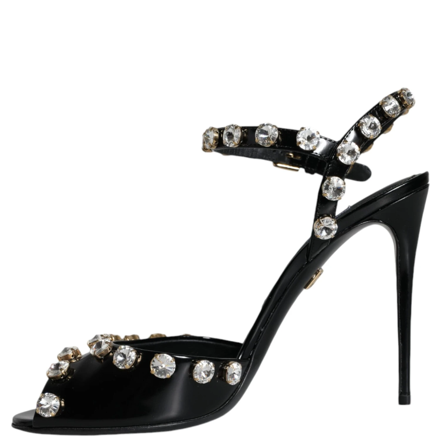 Black Leather Crystal Ankle Strap Sandals Shoes