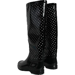 Black Polka Dot Rubber Knee High Boots Shoes