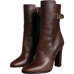 Brown Leather Heels Mid Calf Boots Shoes