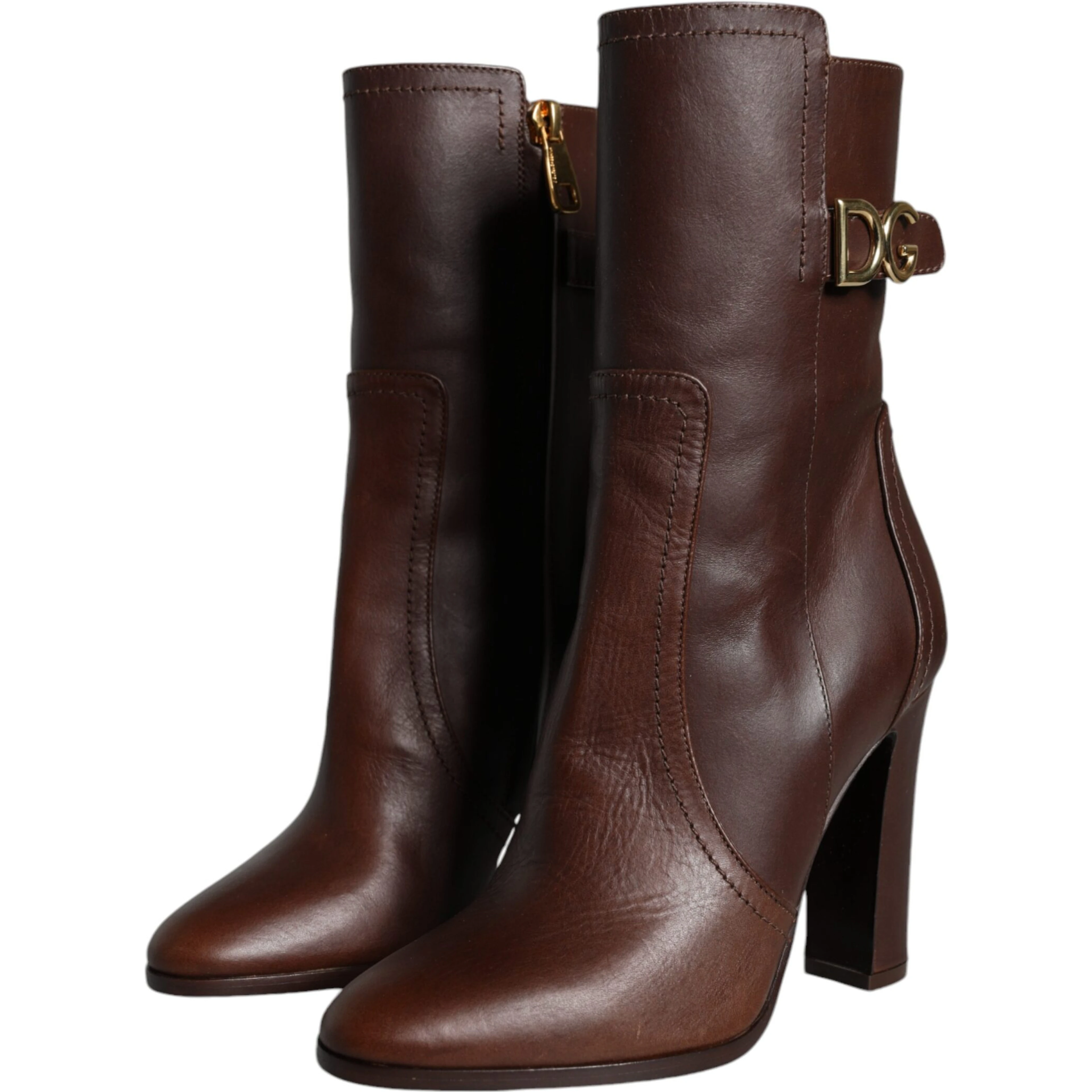 Brown Leather Heels Mid Calf Boots Shoes