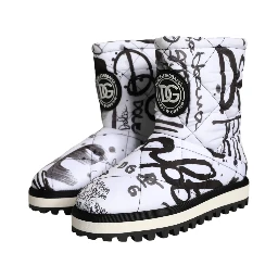 White Padded Logo Print Mid Calf Boots Shoes
