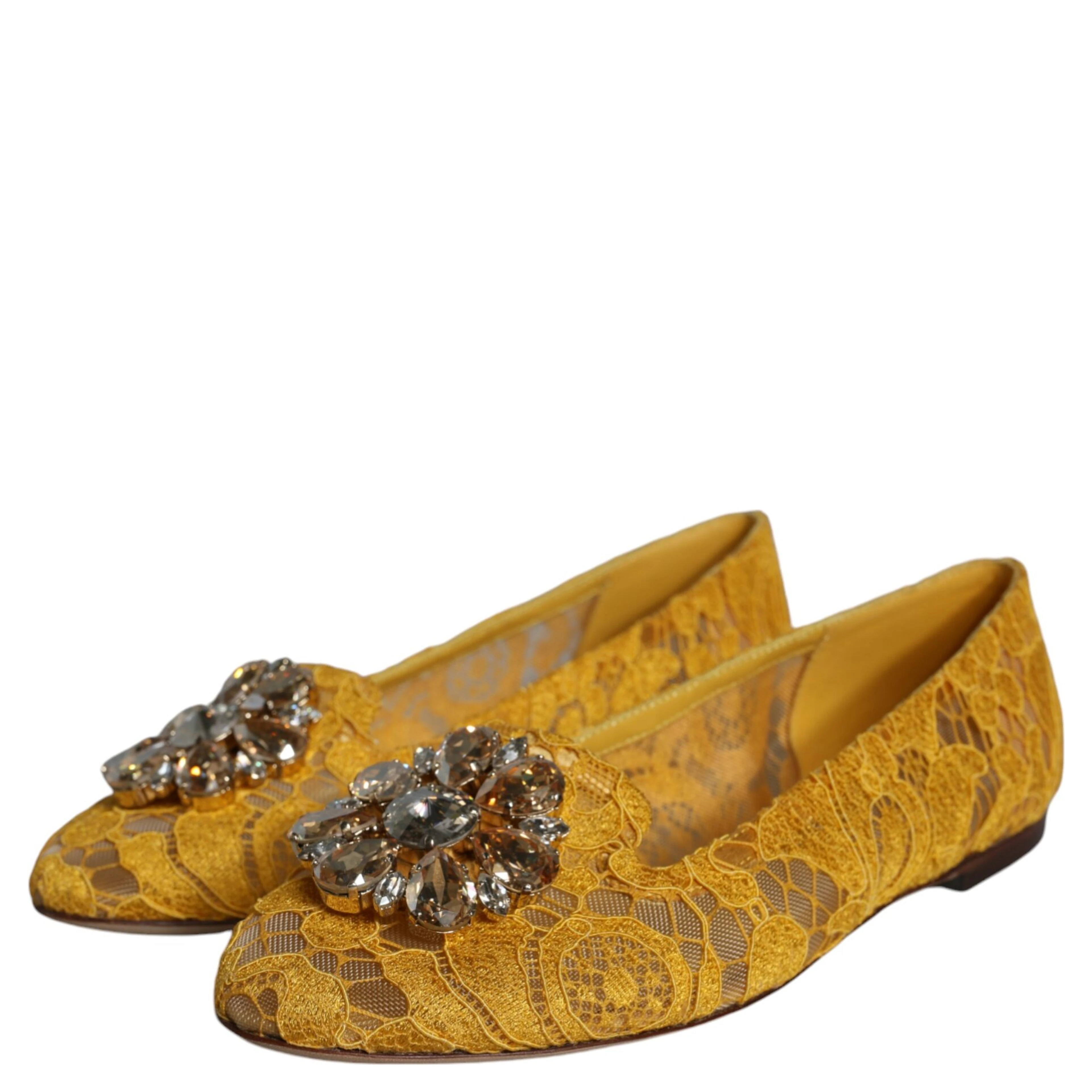 Mustard Lace Crystal Ballet Flats Loafer Shoes