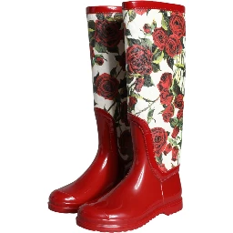 Red Floral Rubber Knee High Flat Boots Shoes