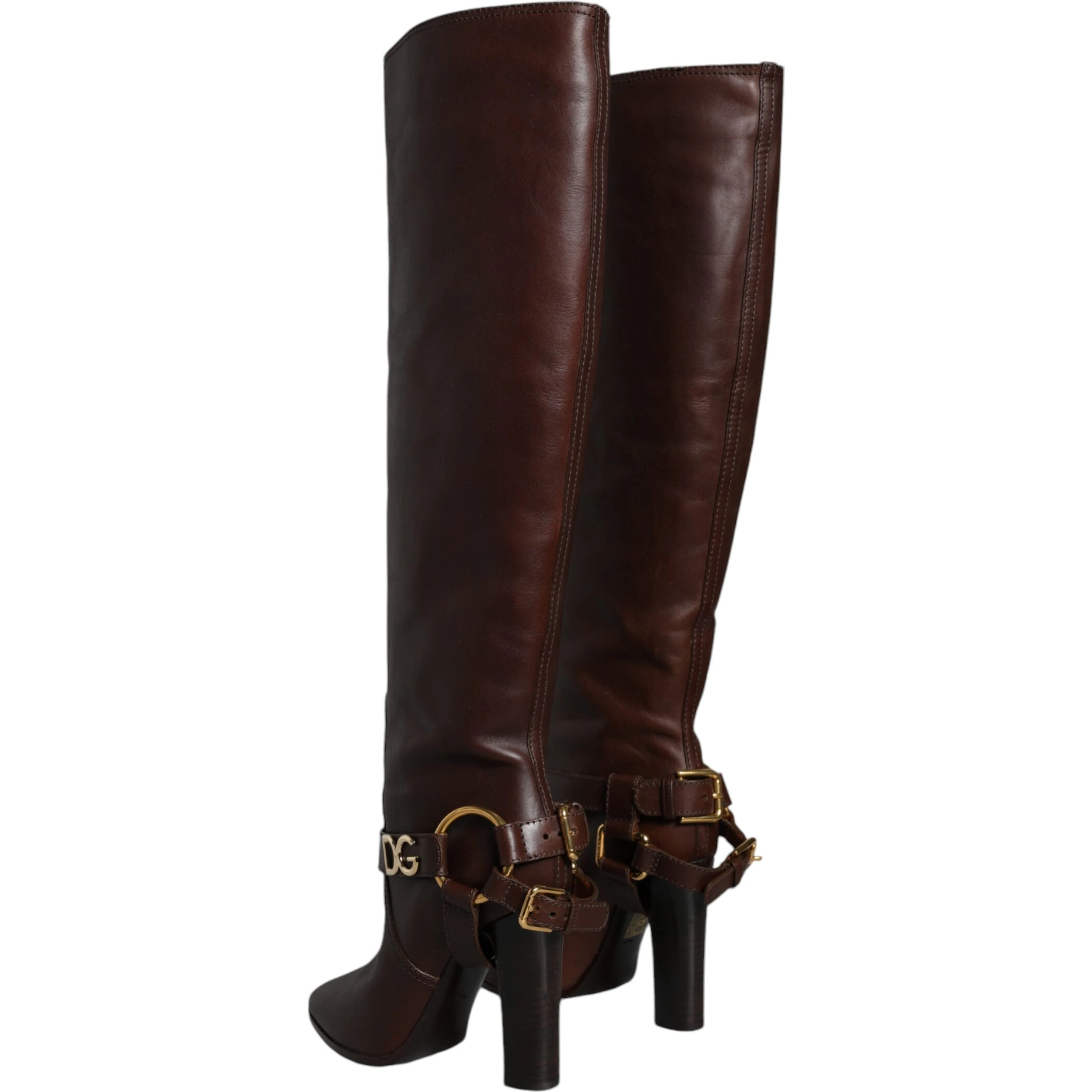 Brown Leather Gold Tone Logo High Boots Shoes