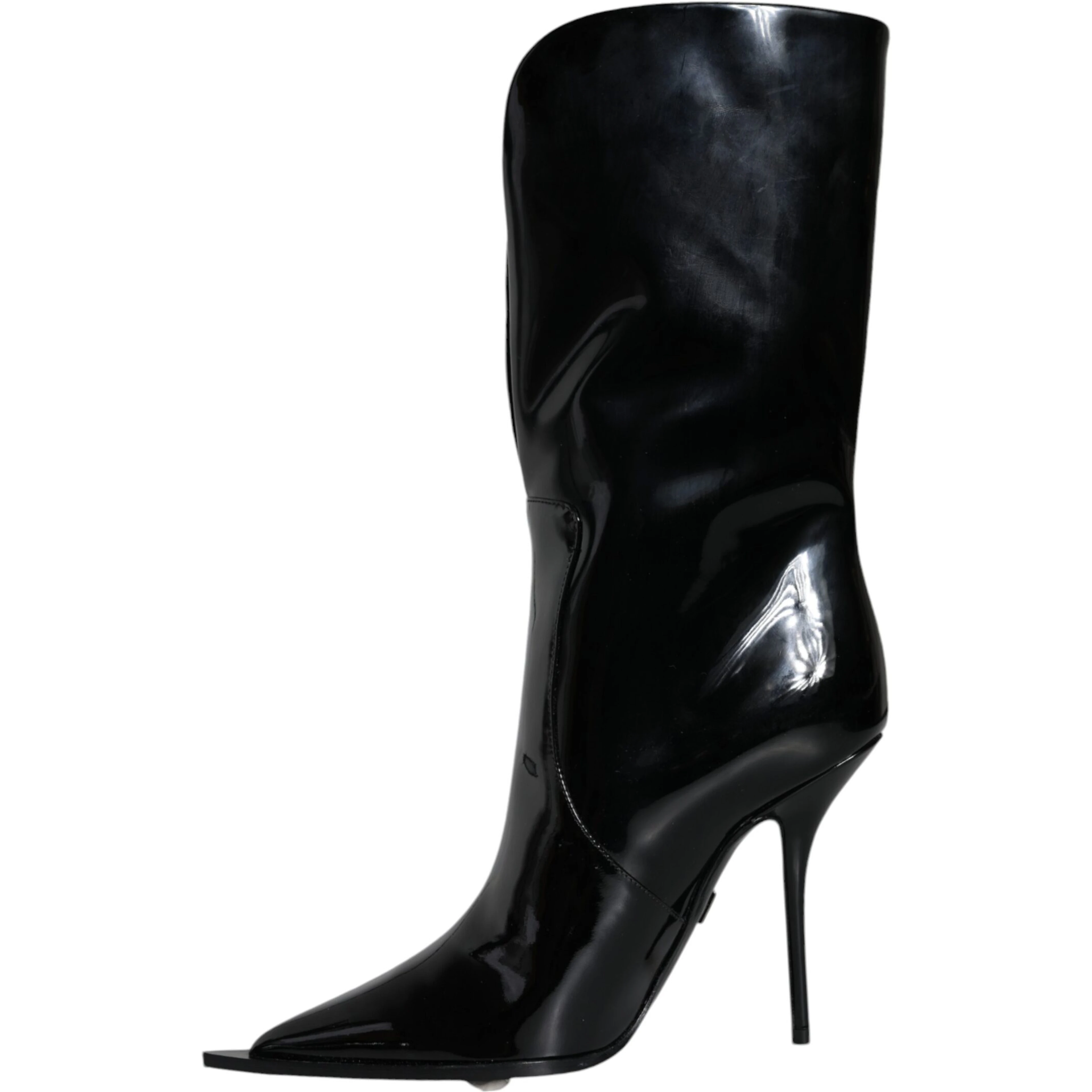 Black Patent Leather Mid Calf Boots Shoes