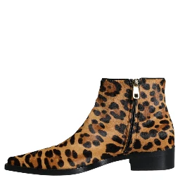 Brown Leopard Calf Fur Ankle Boots Shoes