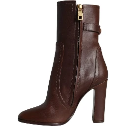 Brown Leather Heels Mid Calf Boots Shoes
