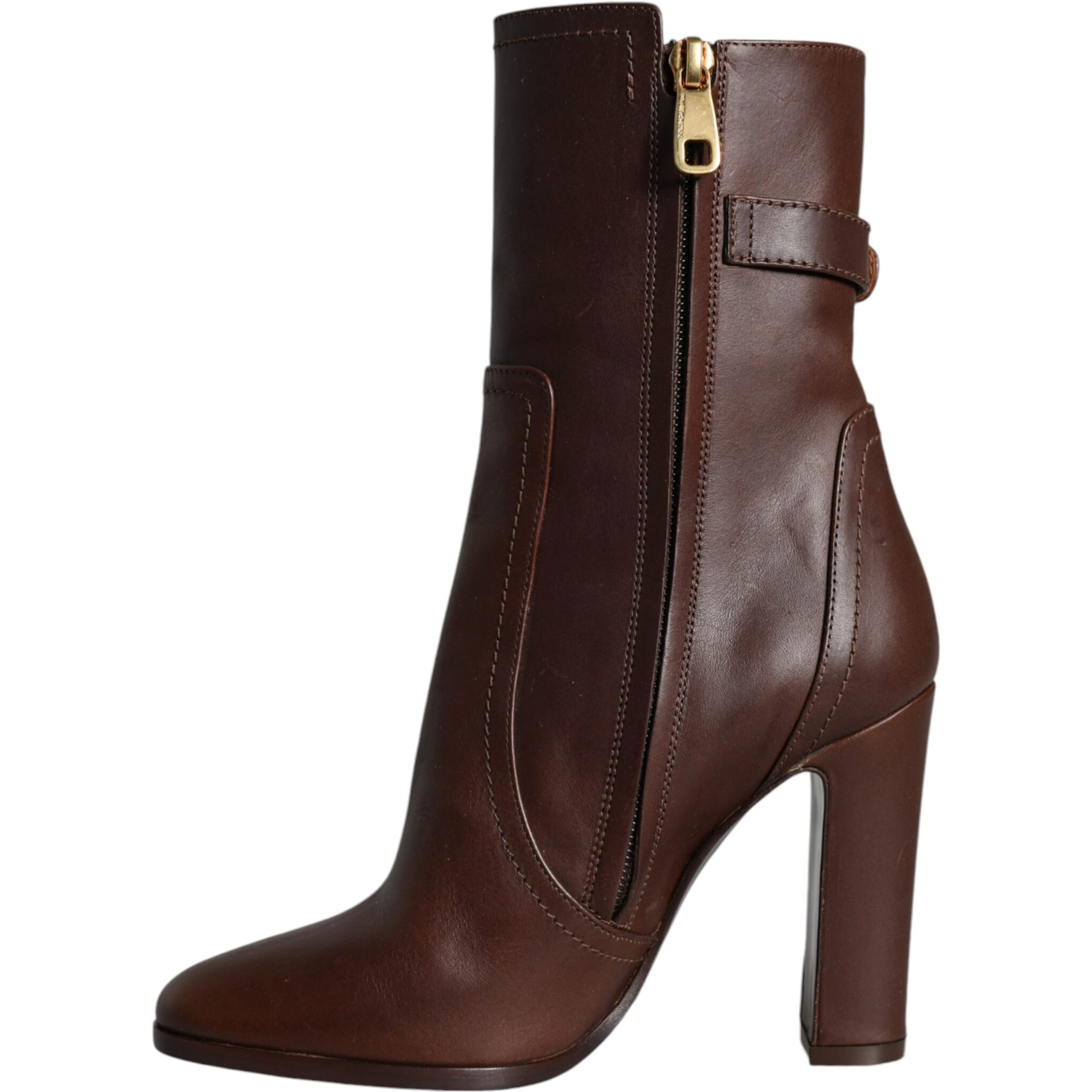 Brown Leather Heels Mid Calf Boots Shoes