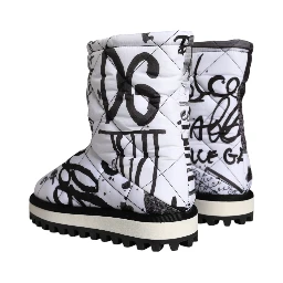 White Padded Logo Print Mid Calf Boots Shoes
