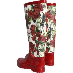 Red Floral Rubber Knee High Flat Boots Shoes