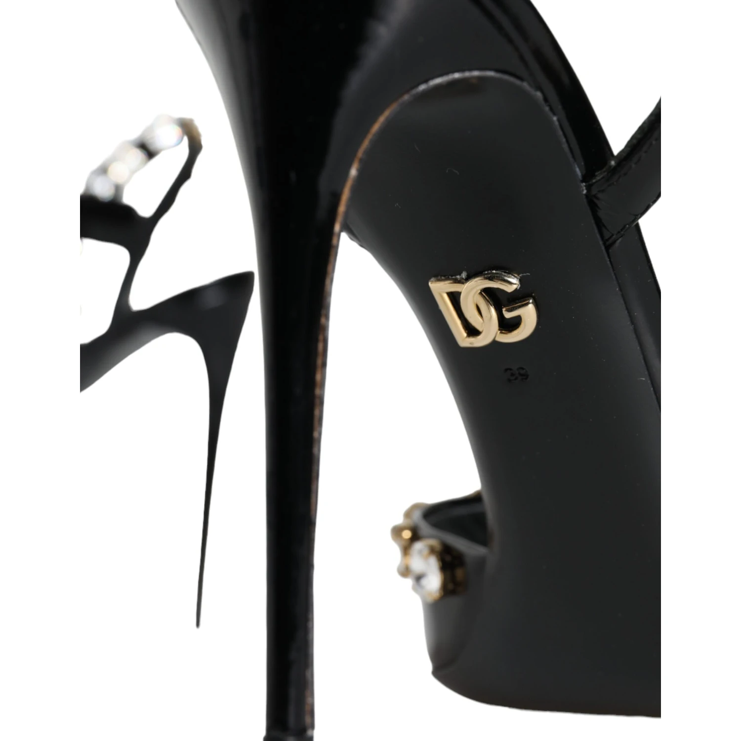 Black Leather Crystal Ankle Strap Sandals Shoes